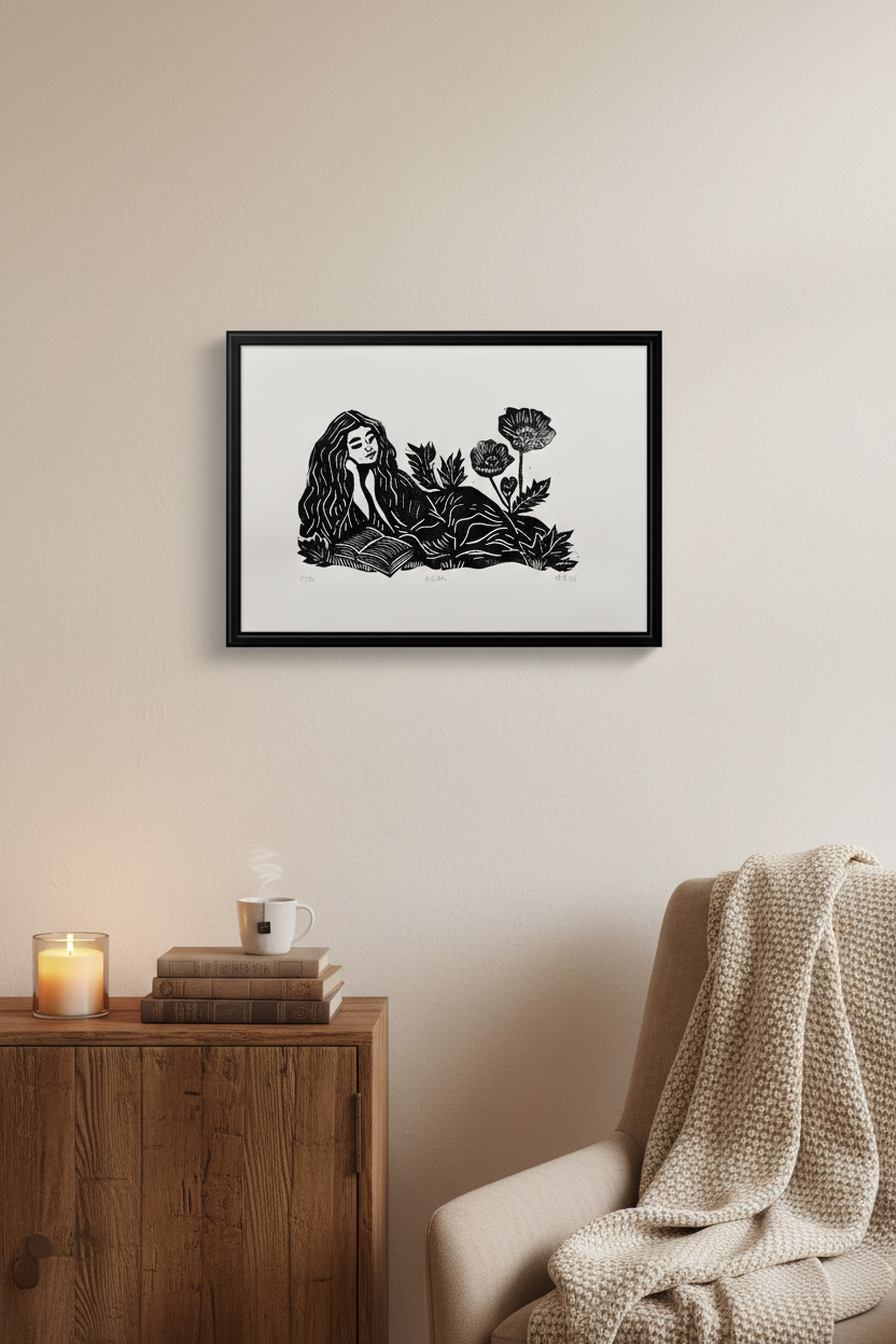 NIKSEN linoprint ingelijst aan de muur in een gezellig interieur